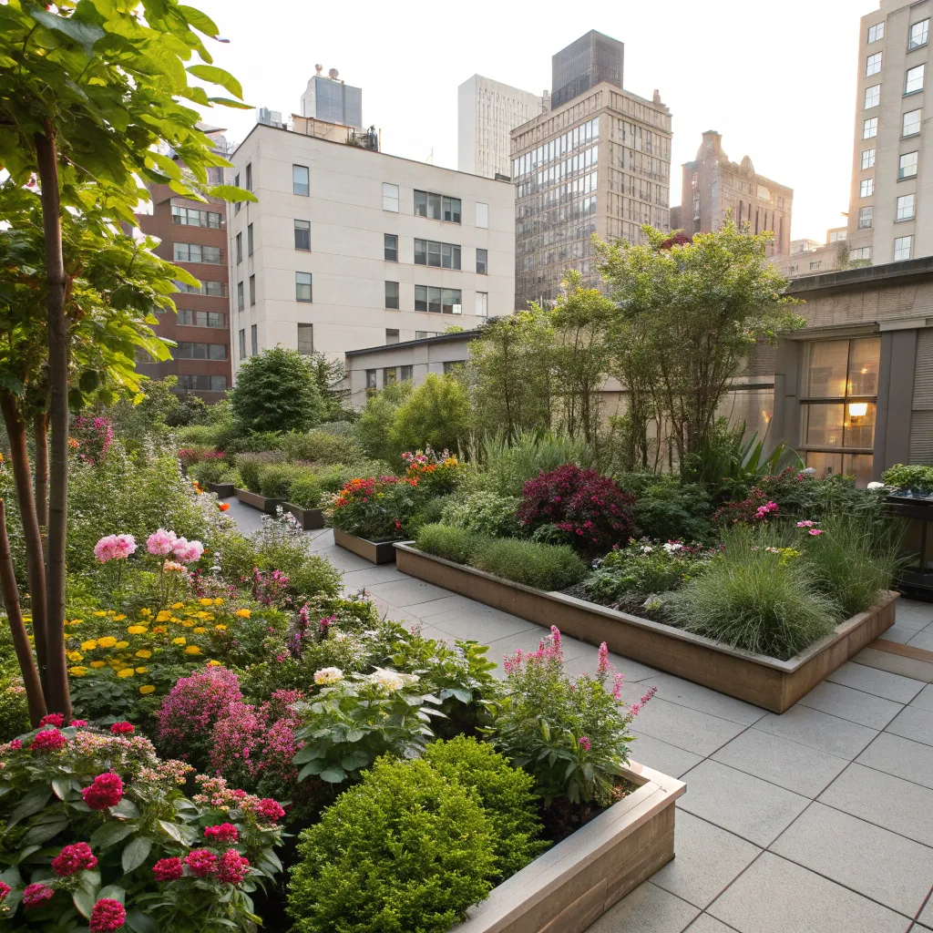 Small urban garden with a variety of plants