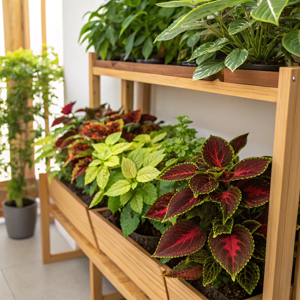 Vibrant foliage plants on a wooden shelf